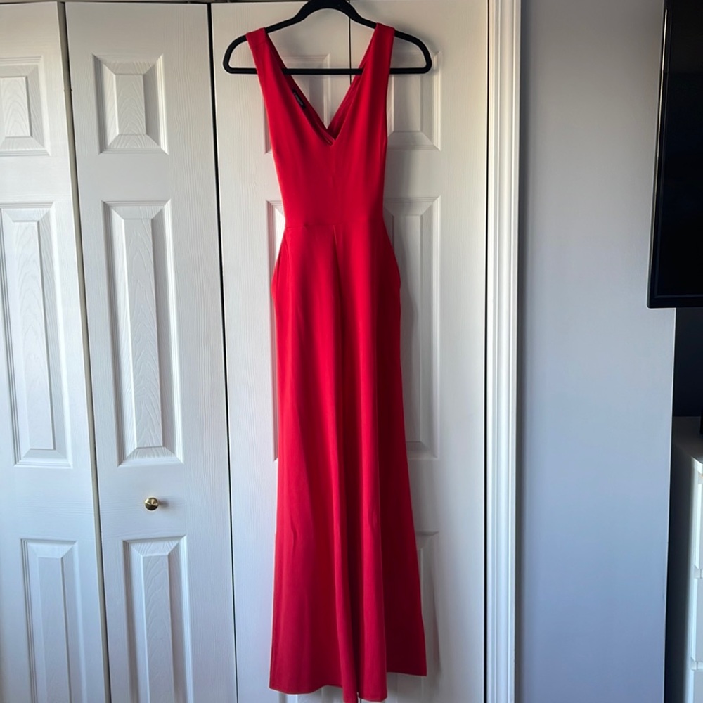 Express wide leg red jumpsuit with pockets